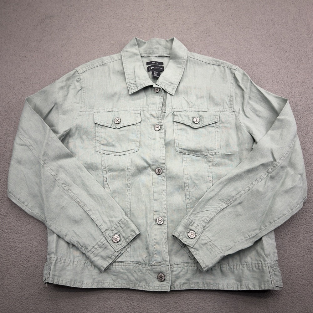 Jones New York JNY 100% Linen Trucker Shirt Jacket Womens L Green Coastal Casual